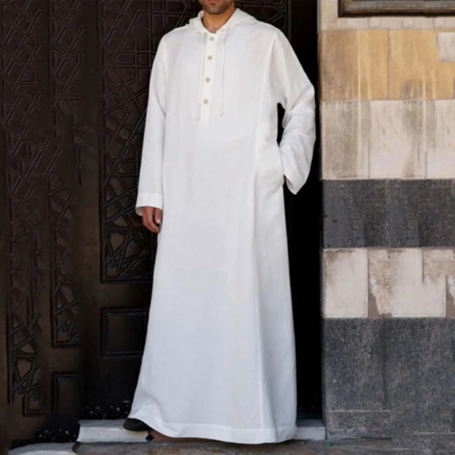 Men's Muslim Arab Caftan Long Sleeve Button Up Long Gown Drawstring Cotton Linen Hooded Muslim Robe Mens Clothing