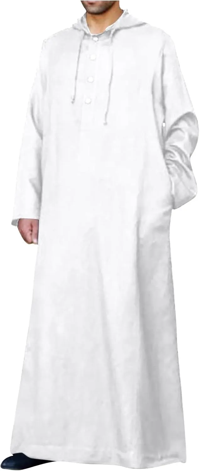 Men's Muslim Arab Caftan Long Sleeve Button Up Long Gown Drawstring Cotton Linen Hooded Muslim Robe Mens Clothing