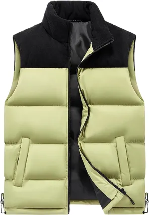 Mens Outdoor Vest Casual Full Zip Stand Collar Padded Puffer Vest Coats Lightweight Color Block Sleeveless Jacket