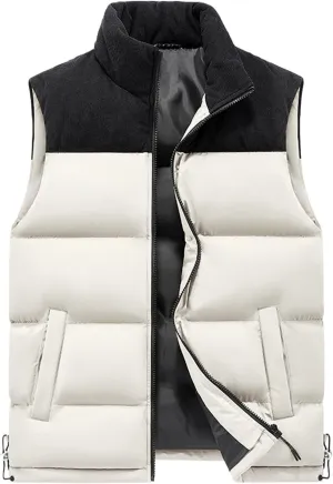 Mens Outdoor Vest Casual Full Zip Stand Collar Padded Puffer Vest Coats Lightweight Color Block Sleeveless Jacket