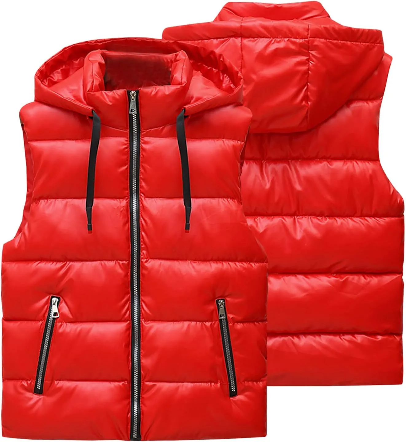 Mens Shiny Metallic Puffer Vest Winter Warm Coat Hoodie Outerwear Sleeveless Jacket Down Puffy Jacket With Pockets