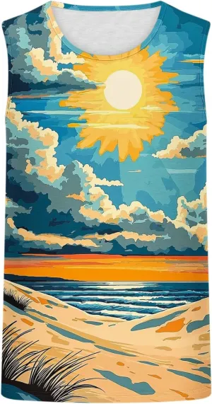 Men's Sleeveless Fashion Sports Tank Top Palm Tree Printed Beach Tops Casual Summer Pullover Loose Workout Tee Shirts