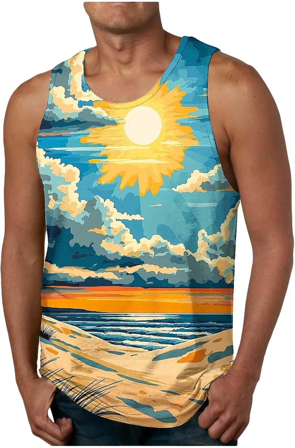Men's Sleeveless Fashion Sports Tank Top Palm Tree Printed Beach Tops Casual Summer Pullover Loose Workout Tee Shirts