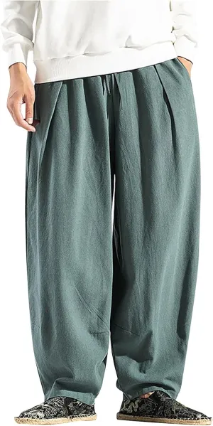 Men's Solid Color Drawstring Elastic Waist Ninth Pants Cotton Linen Sector Pant Leg Pants Retro Loose Stitching Trousers
