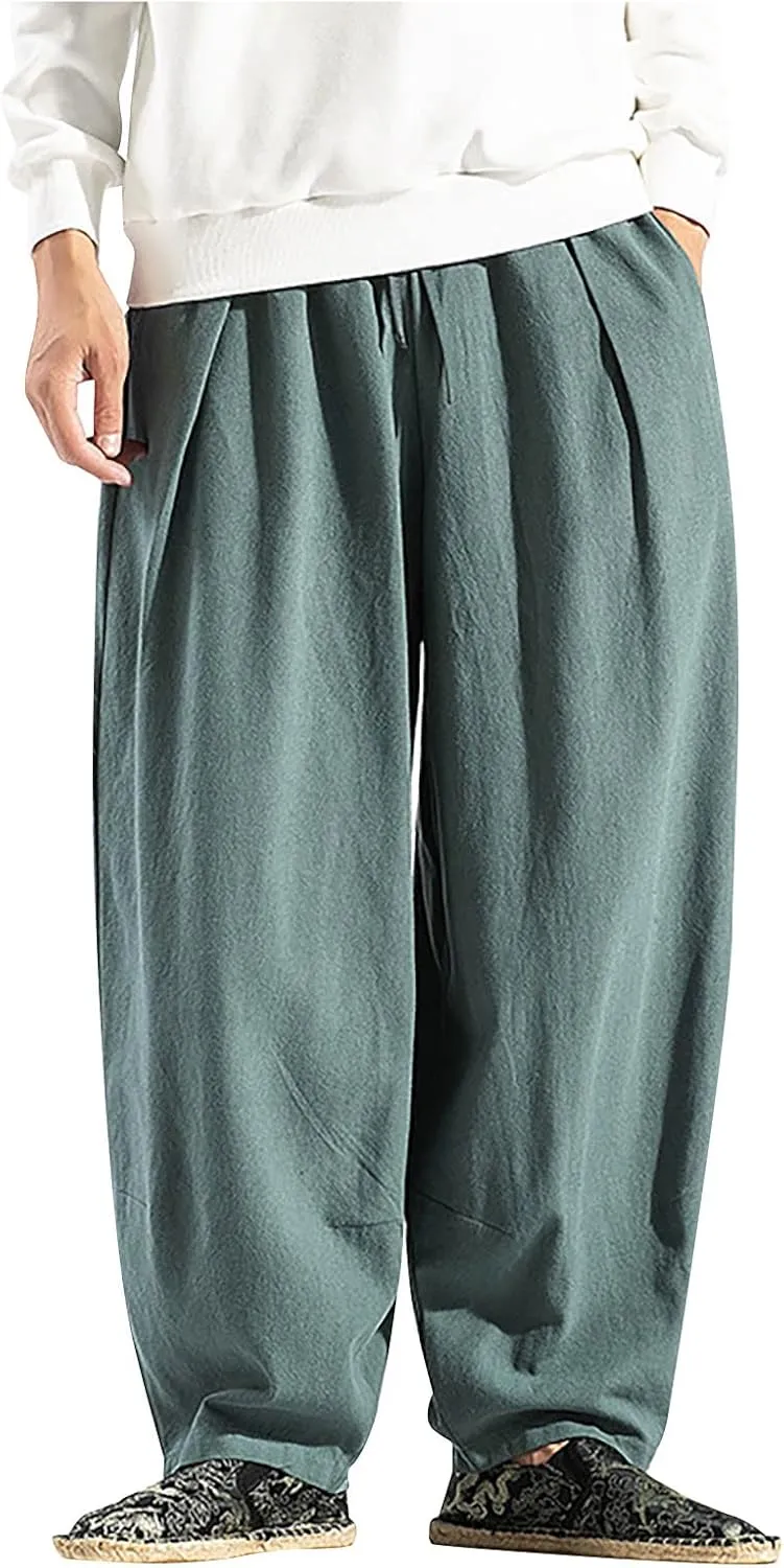 Men's Solid Color Drawstring Elastic Waist Ninth Pants Cotton Linen Sector Pant Leg Pants Retro Loose Stitching Trousers