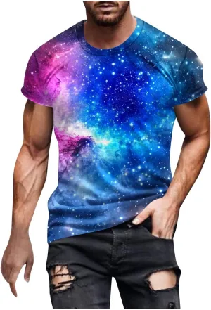 Men's Starry Sky Print Crewneck T Shirt Short Sleeve Casual Pullover Basic Workout Tee Shirts Stretch Summer Tops