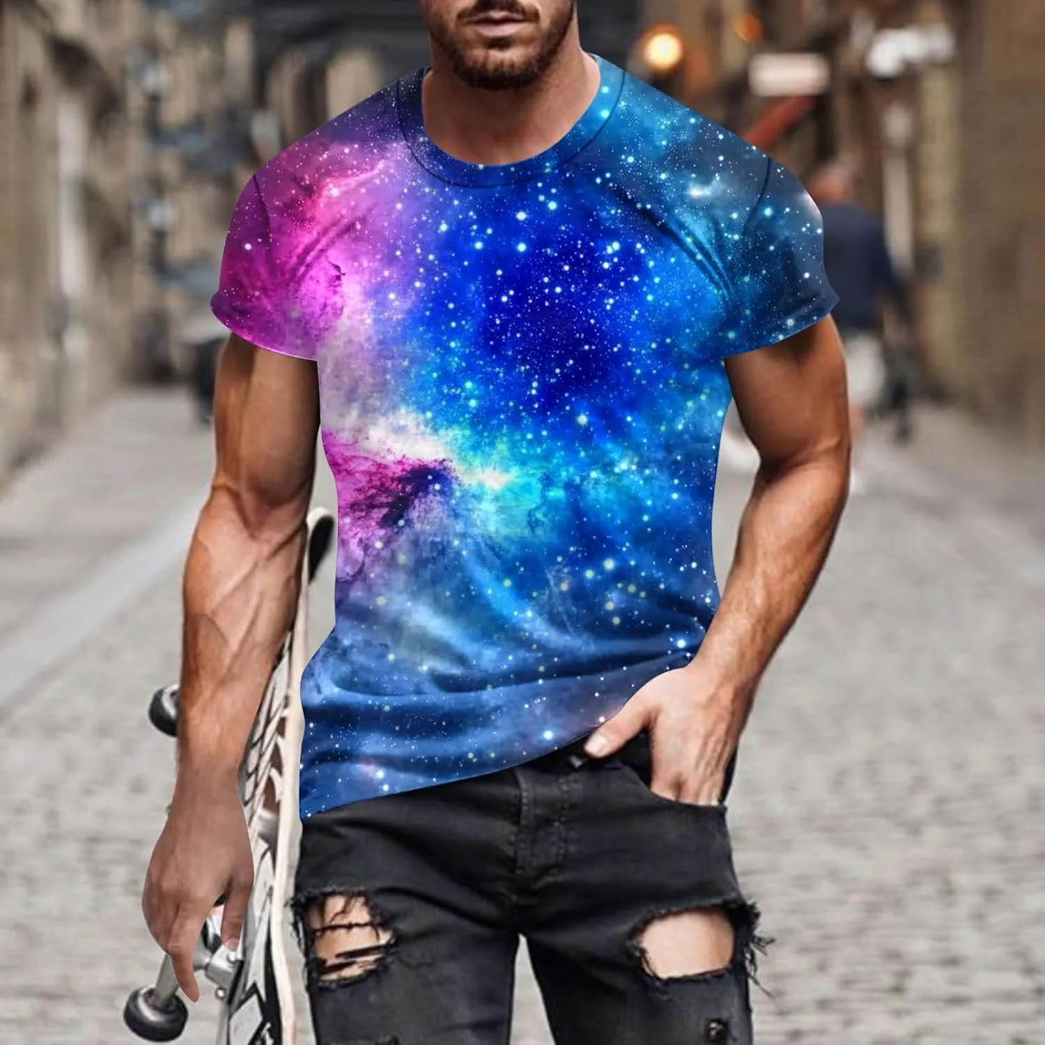 Men's Starry Sky Print Crewneck T Shirt Short Sleeve Casual Pullover Basic Workout Tee Shirts Stretch Summer Tops