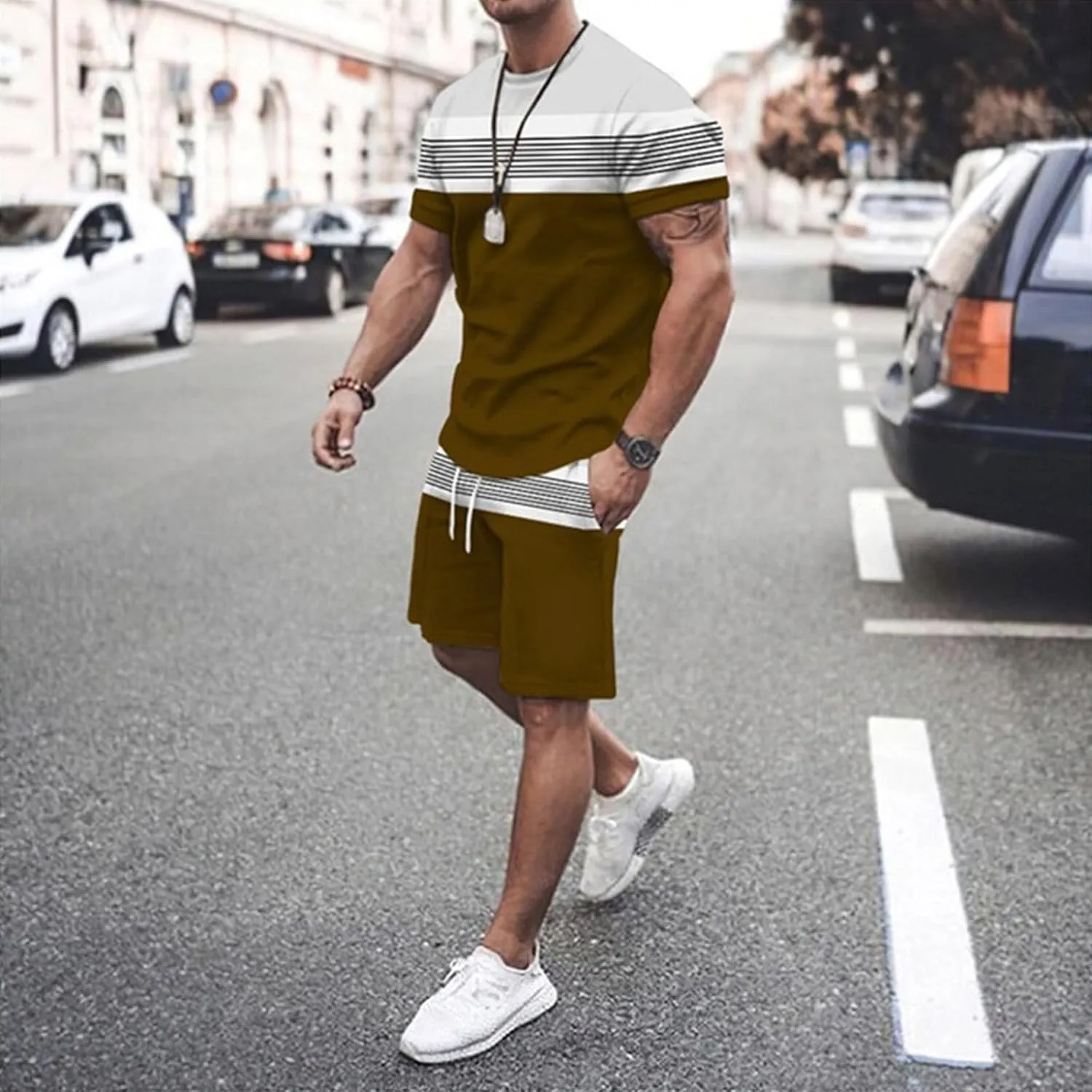 Mens Summer Short Sets 2 Piece Outfits Fashion Contrast Graphic Tees and Beach Shorts Set Casual Athletic Tracksuit