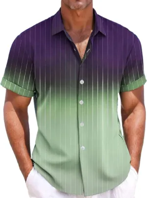 Mens Summer Striped Shirts Gradient Linen Shirts Button Down Short Sleeve Casual Shirts for Vacation Wedding Work Daily