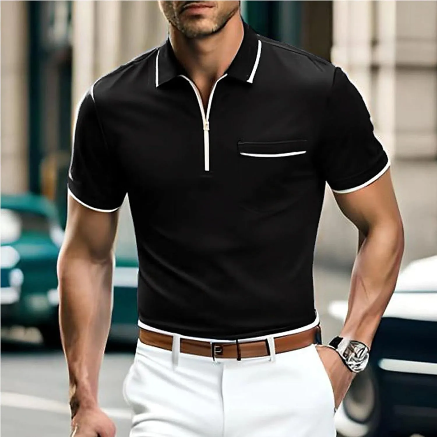 Mens Zipper Polo Shirts Casual Shirts Short Sleeve,Stretch Slim Fit Golf Shirts,Soft Pullover Lightweight Summer Top