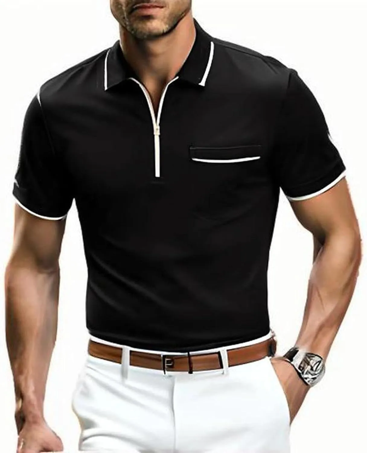 Mens Zipper Polo Shirts Casual Shirts Short Sleeve,Stretch Slim Fit Golf Shirts,Soft Pullover Lightweight Summer Top