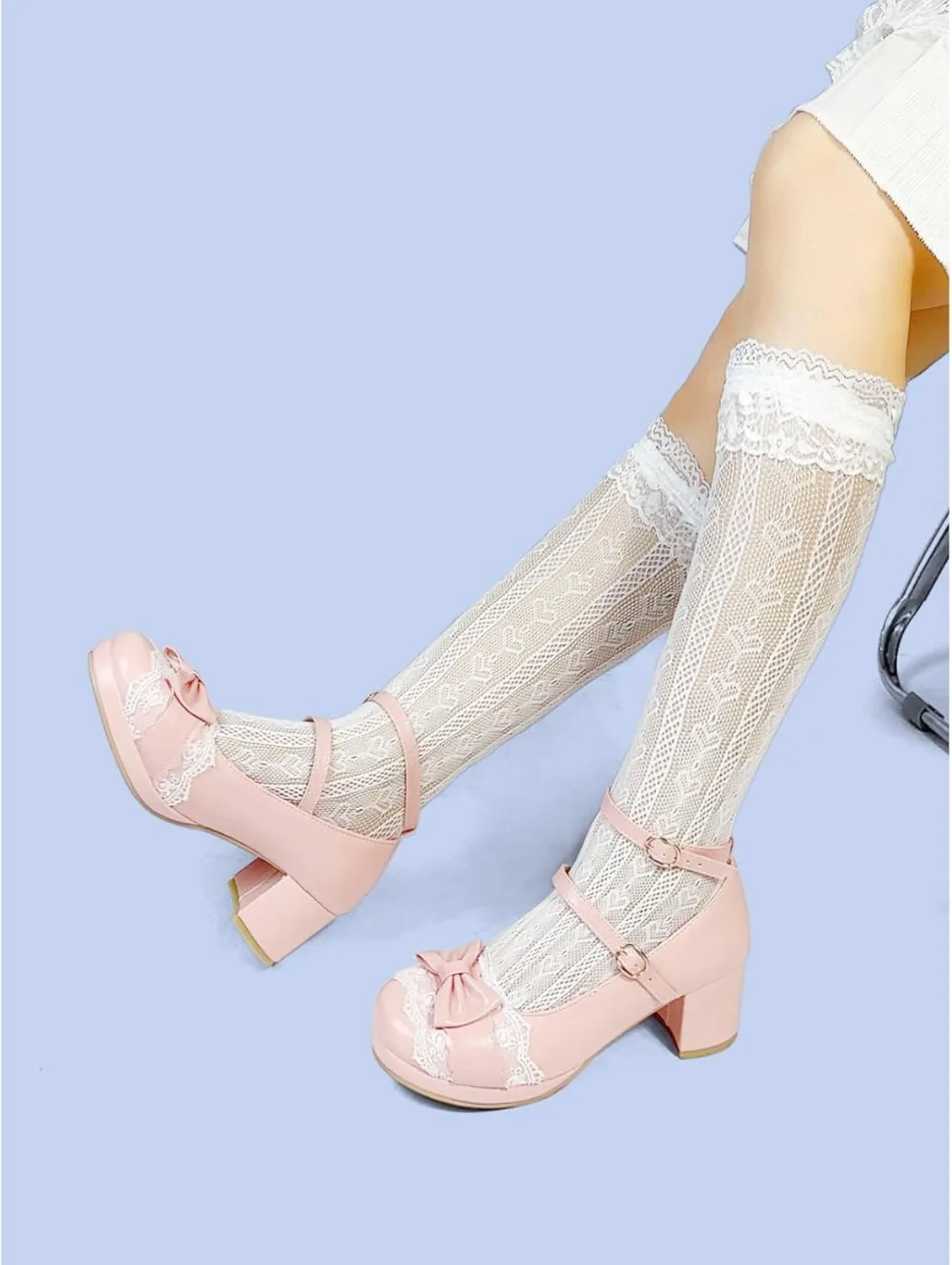 MEOTINA Cute Bow Heels Mary Janes Shoes Women Dress Platform Strappy High Heels Kawaii Shoes