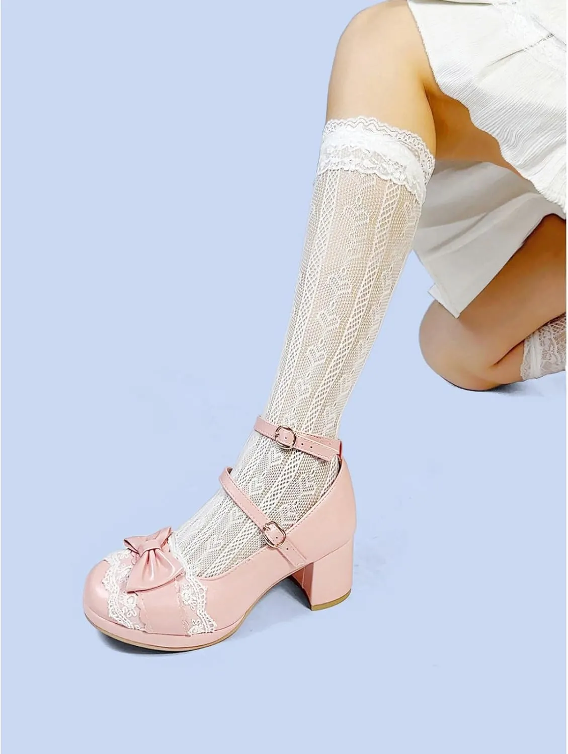 MEOTINA Cute Bow Heels Mary Janes Shoes Women Dress Platform Strappy High Heels Kawaii Shoes