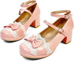 MEOTINA Cute Bow Heels Mary Janes Shoes Women Dress Platform Strappy High Heels Kawaii Shoes