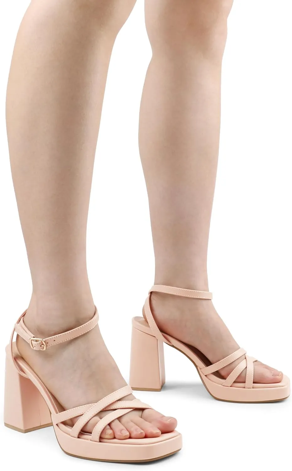 MERUMOTE Women's Strappy Heels Square Open Toe Chunky Block Heels Ankle Strap Sandals Shoes for Wedding Party