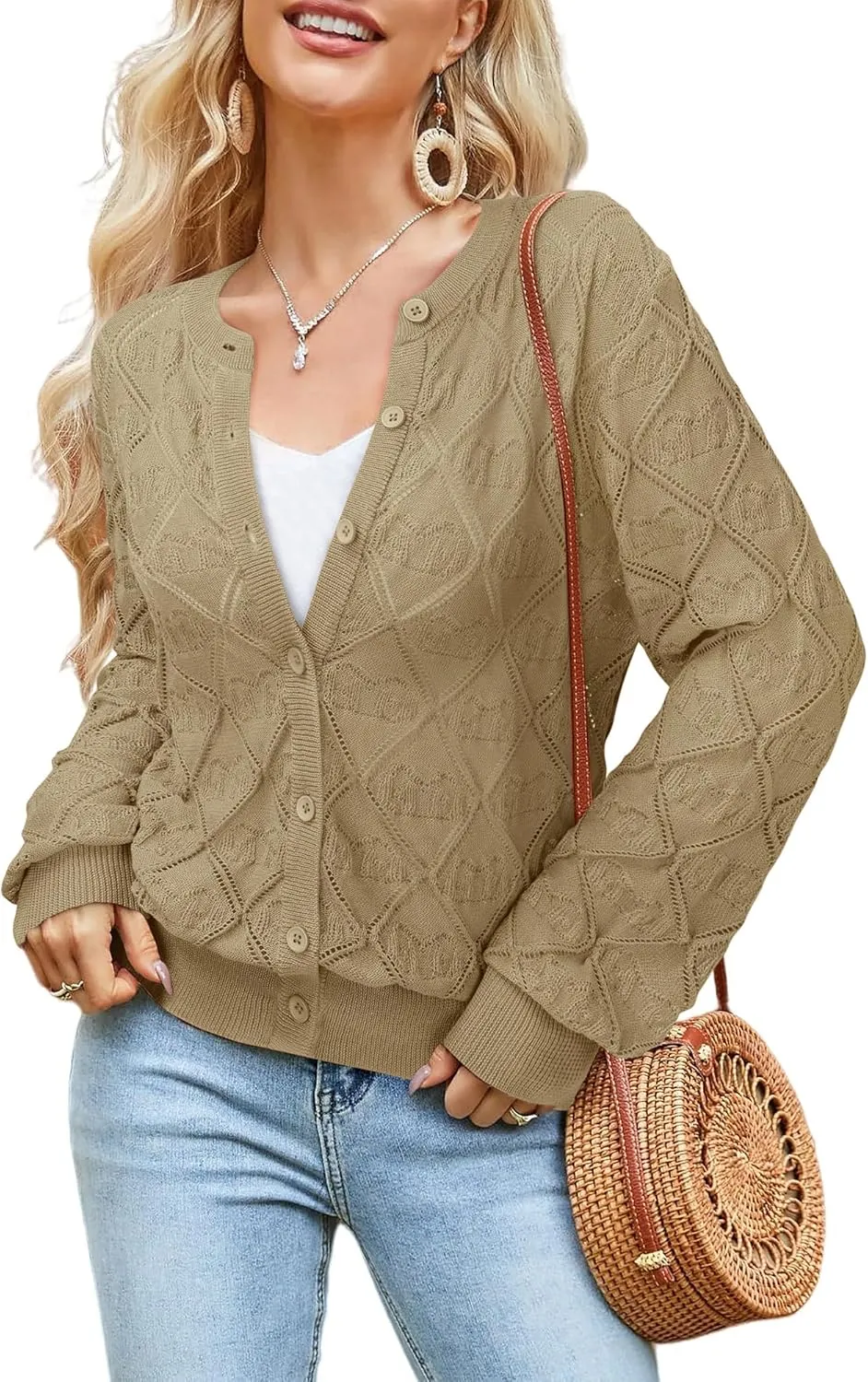 Messic Women's Lightweight Cardigan Shrugs Hollowed-Out Button Down Crochet Knit Sweater Tops