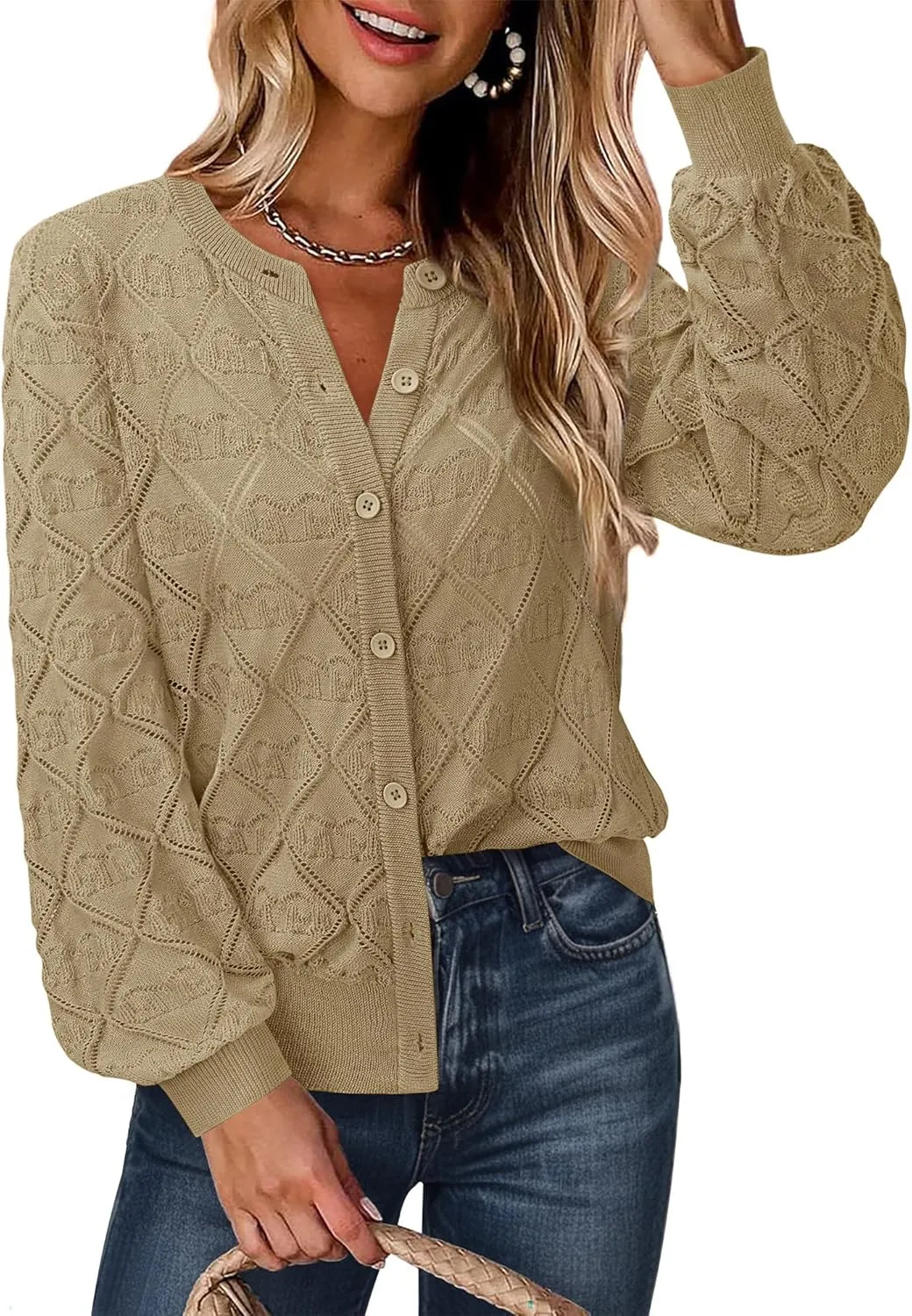 Messic Women's Lightweight Cardigan Shrugs Hollowed-Out Button Down Crochet Knit Sweater Tops