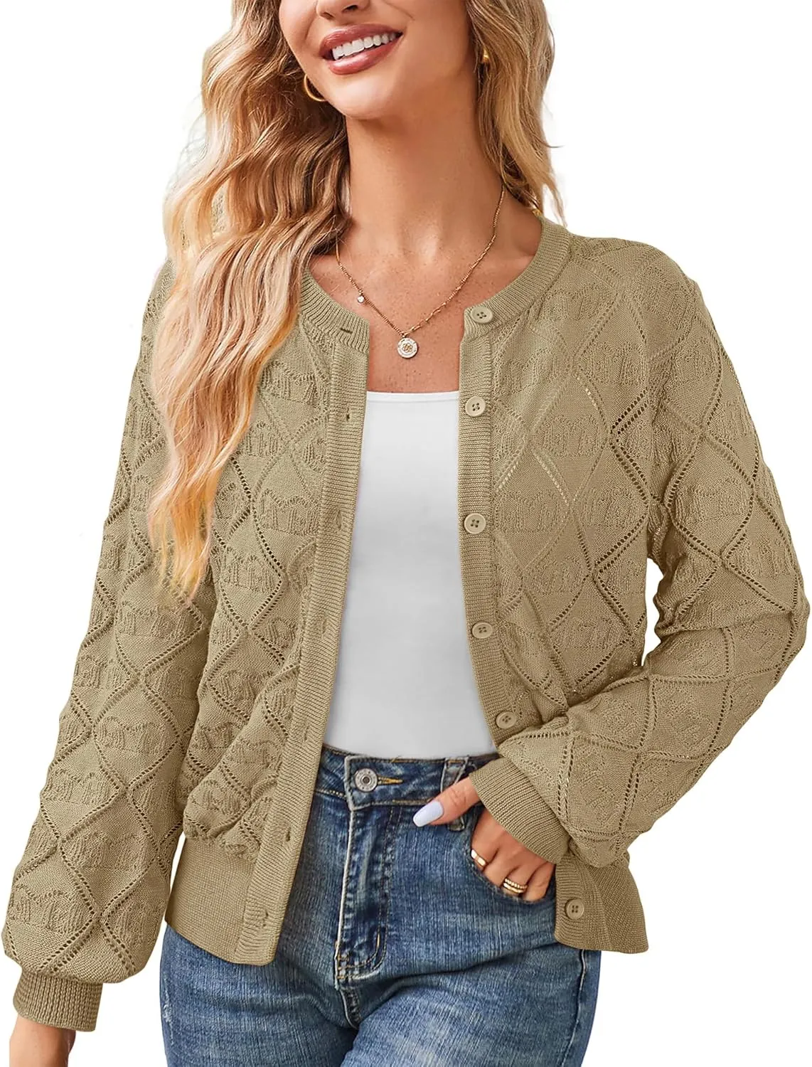Messic Women's Lightweight Cardigan Shrugs Hollowed-Out Button Down Crochet Knit Sweater Tops