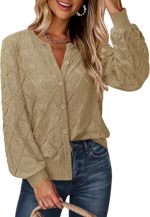 Messic Women's Lightweight Cardigan Shrugs Hollowed-Out Button Down Crochet Knit Sweater Tops