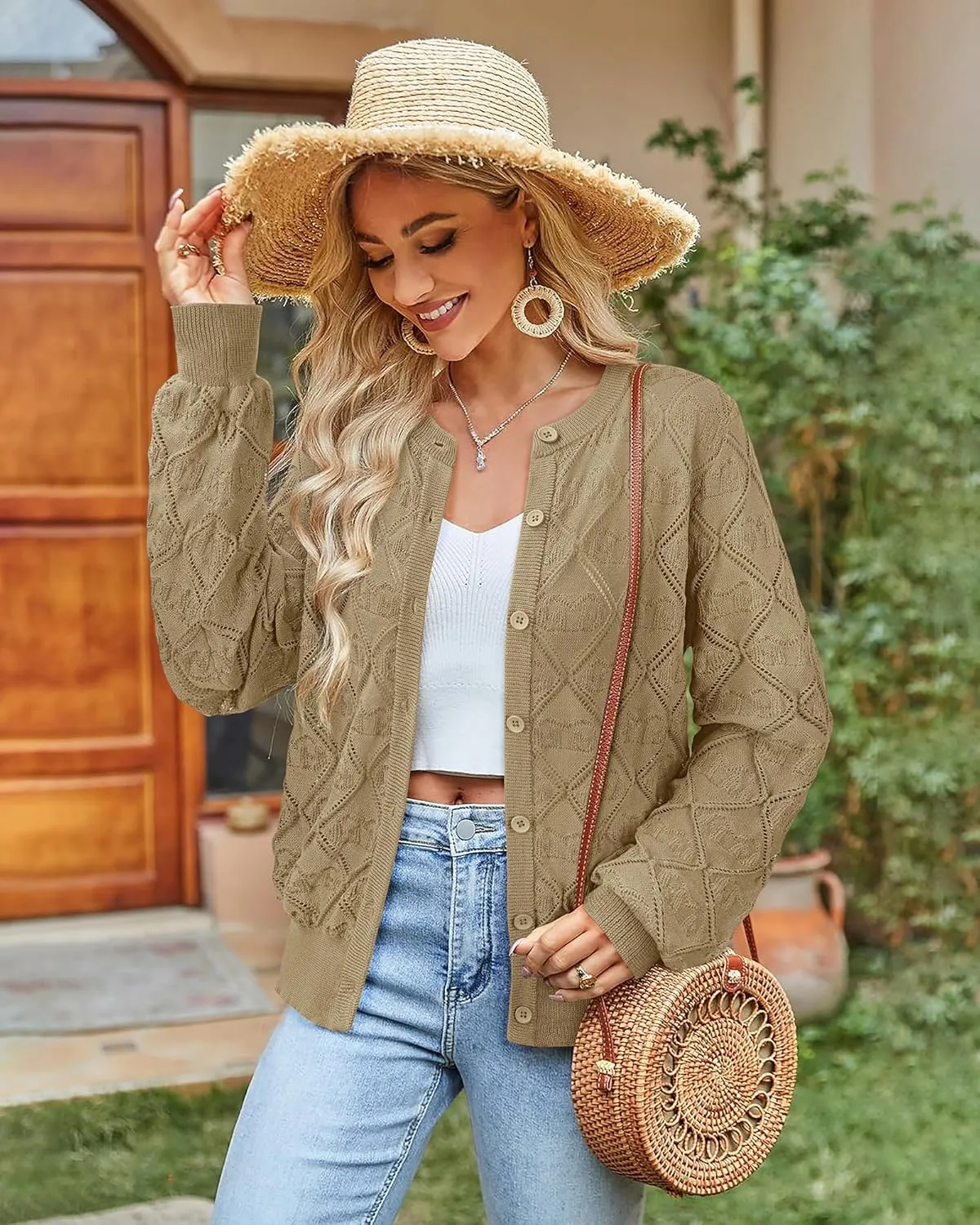 Messic Women's Lightweight Cardigan Shrugs Hollowed-Out Button Down Crochet Knit Sweater Tops