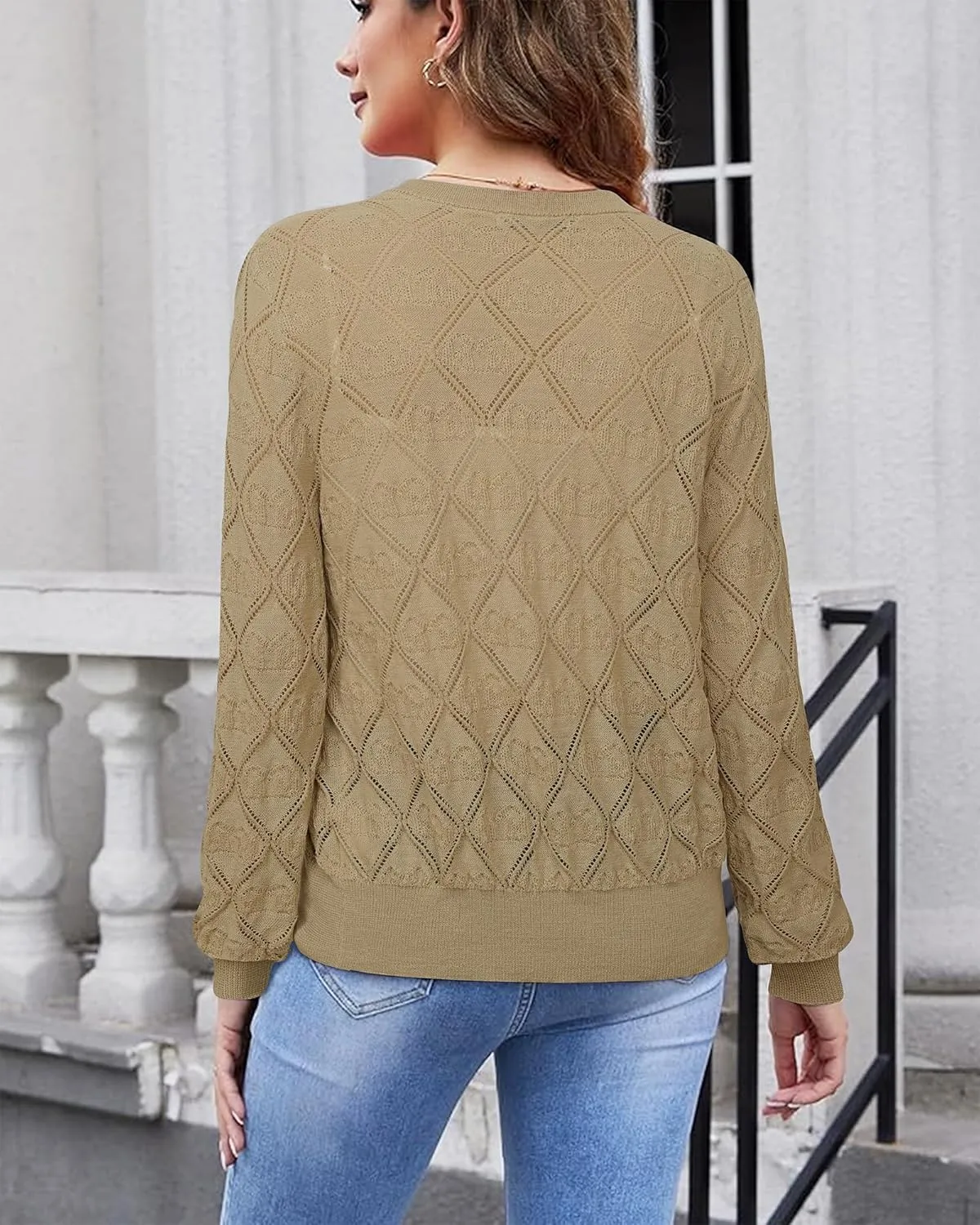 Messic Women's Lightweight Cardigan Shrugs Hollowed-Out Button Down Crochet Knit Sweater Tops