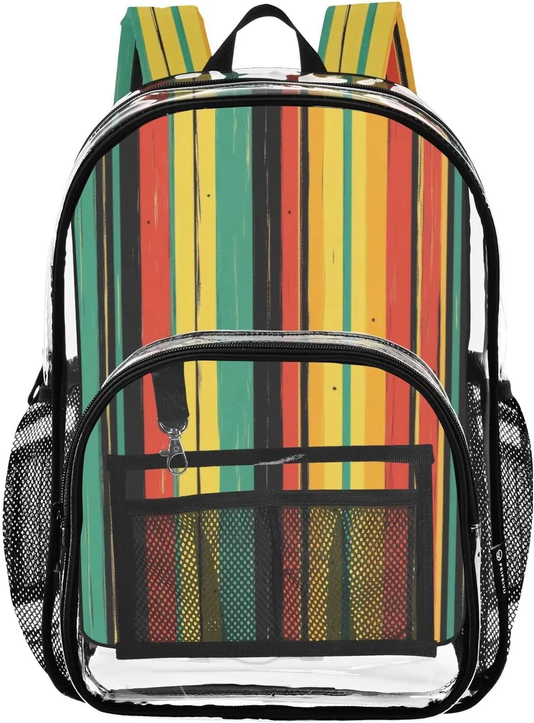Mexican Blanket Stripes Clear Backpack with Back Print, Heavy Duty See Through Backpacks PVC Transparent Daypack for Travel Security