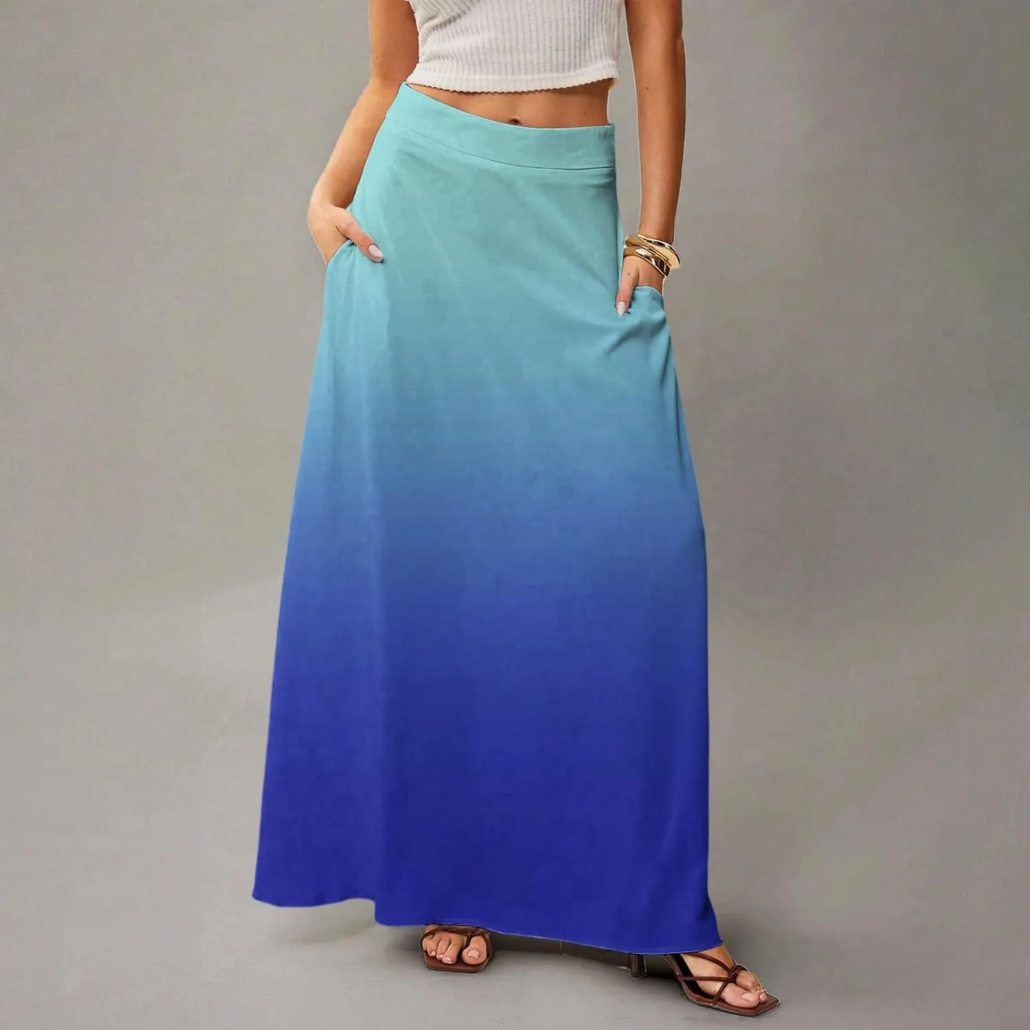 Midi Skirts for Women High Waisted Pleated A-Line Summer Swing Long Work Office with Pockets