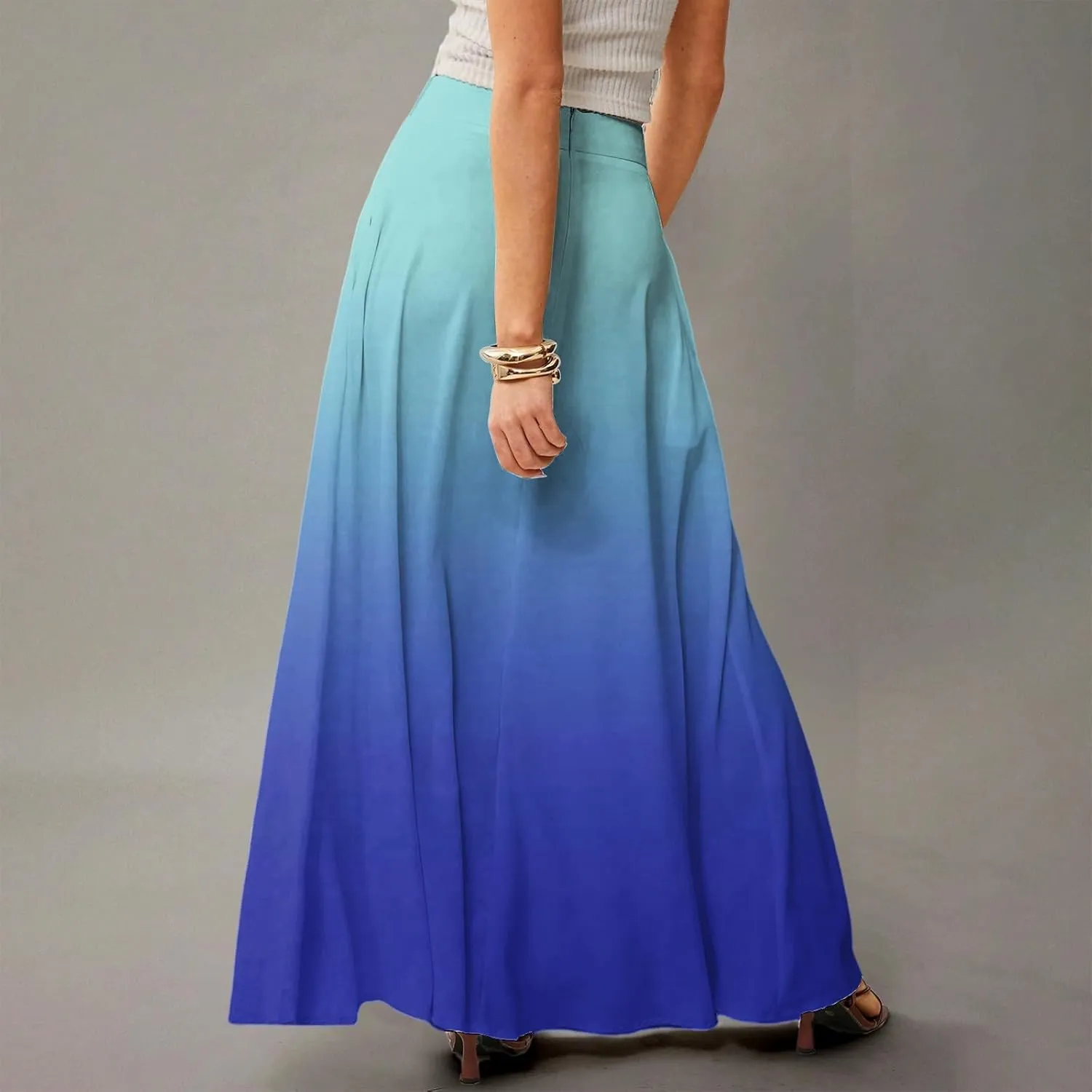 Midi Skirts for Women High Waisted Pleated A-Line Summer Swing Long Work Office with Pockets
