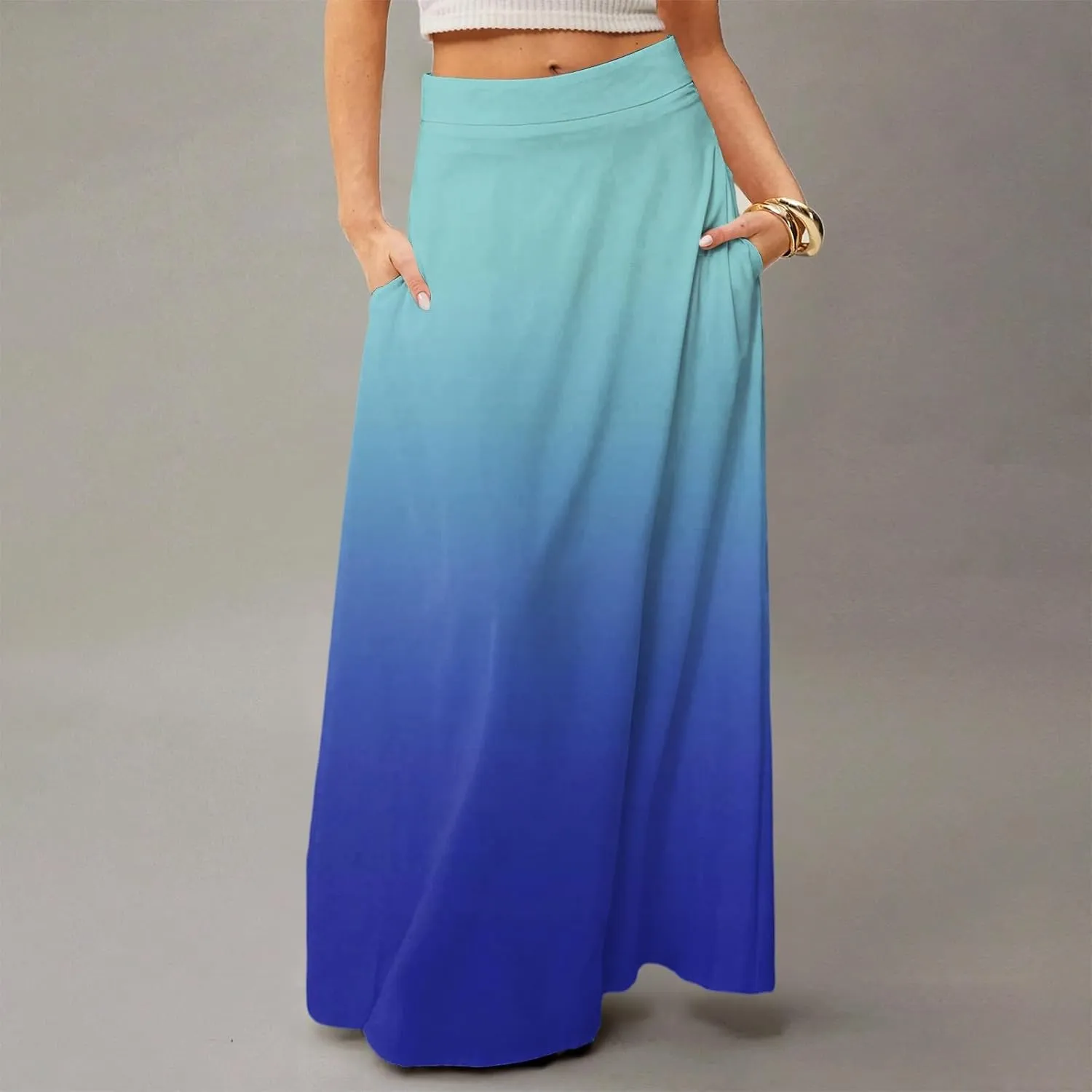 Midi Skirts for Women High Waisted Pleated A-Line Summer Swing Long Work Office with Pockets
