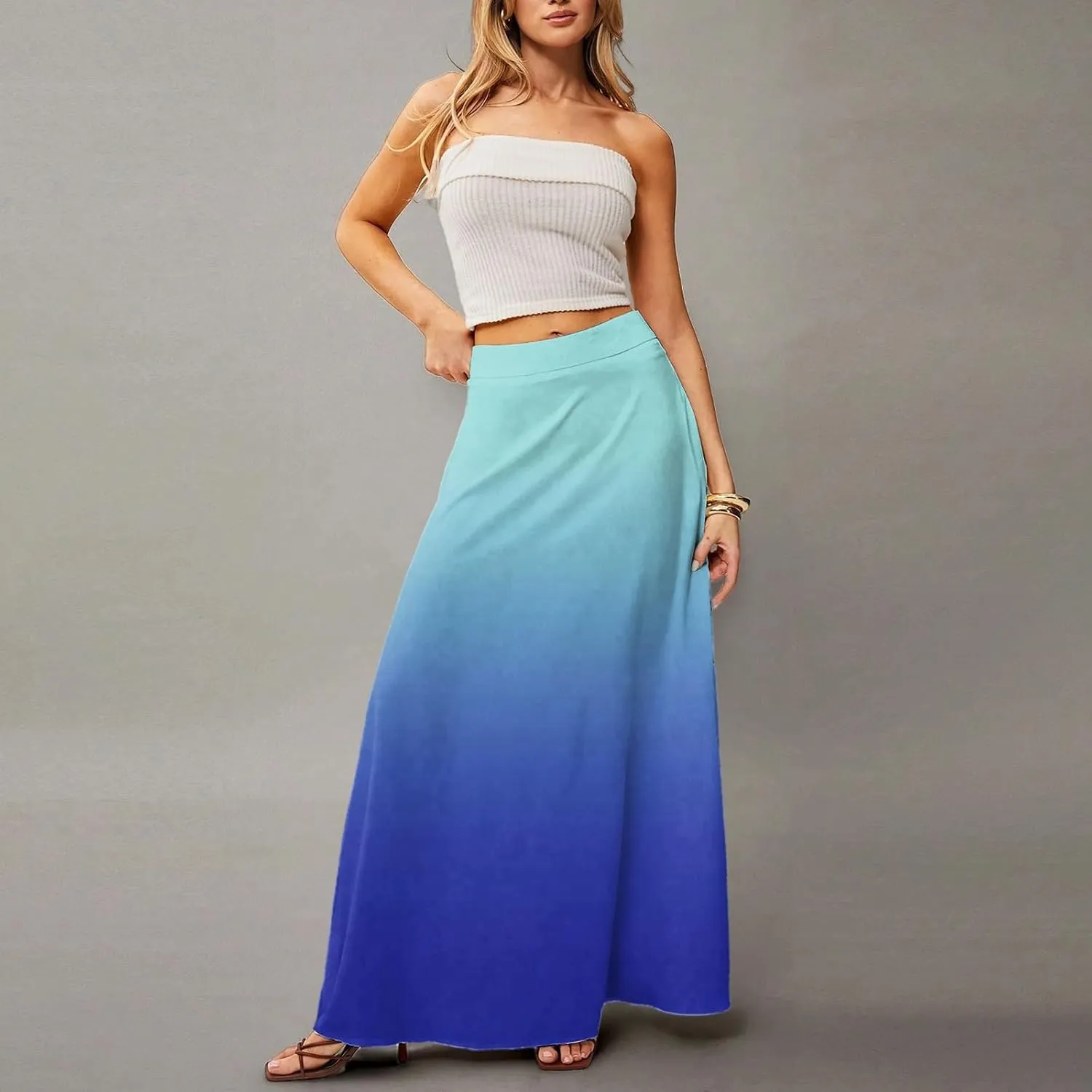 Midi Skirts for Women High Waisted Pleated A-Line Summer Swing Long Work Office with Pockets