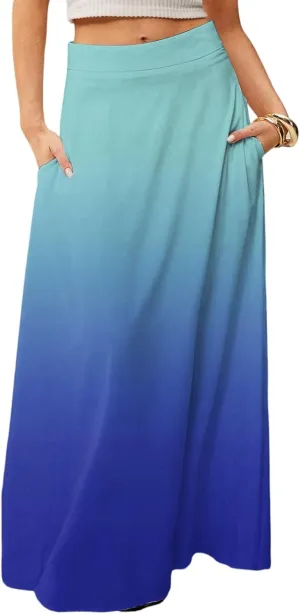 Midi Skirts for Women High Waisted Pleated A-Line Summer Swing Long Work Office with Pockets