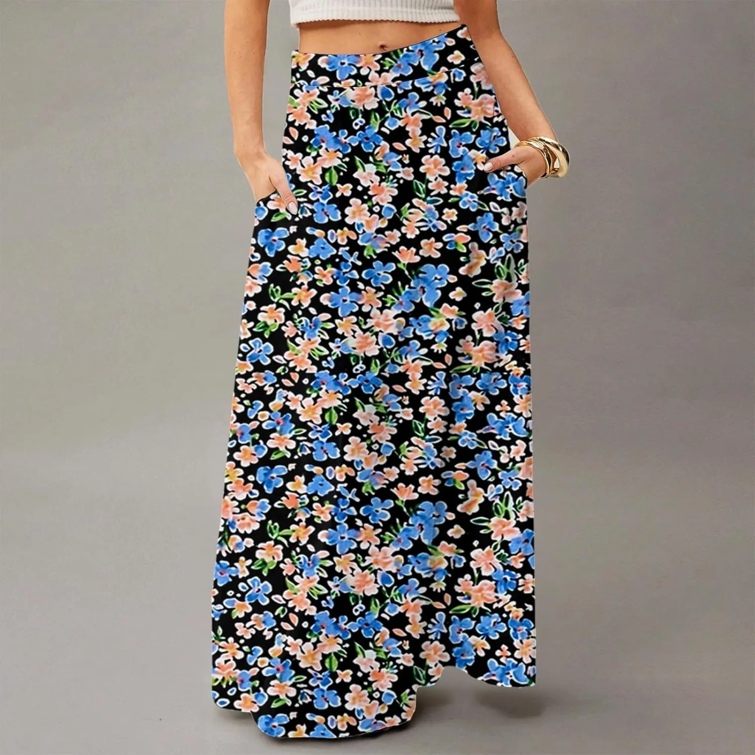 Midi Skirts for Women Summer High Waisted Pleated A-Line Swing Floral Long with Pockets