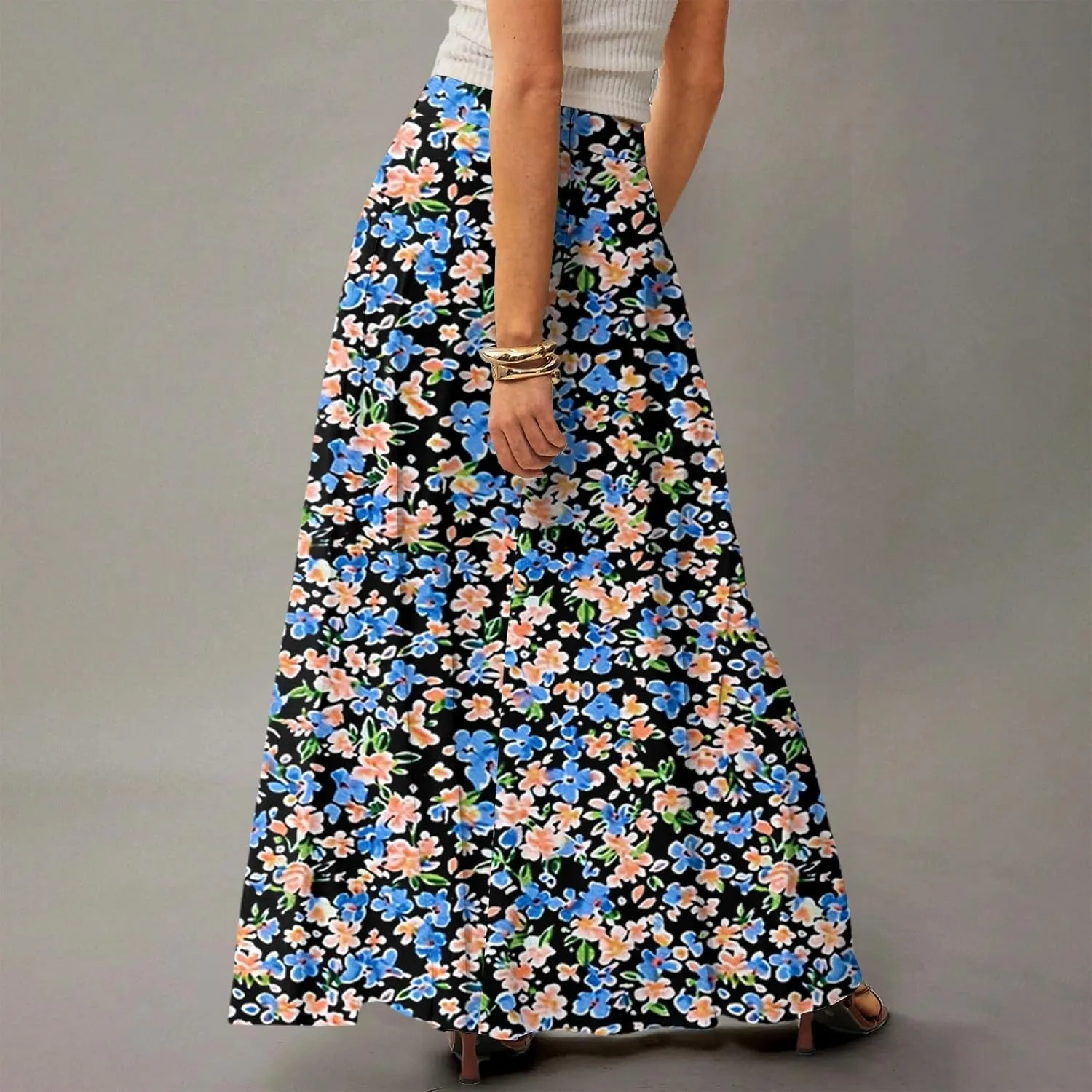 Midi Skirts for Women Summer High Waisted Pleated A-Line Swing Floral Long with Pockets