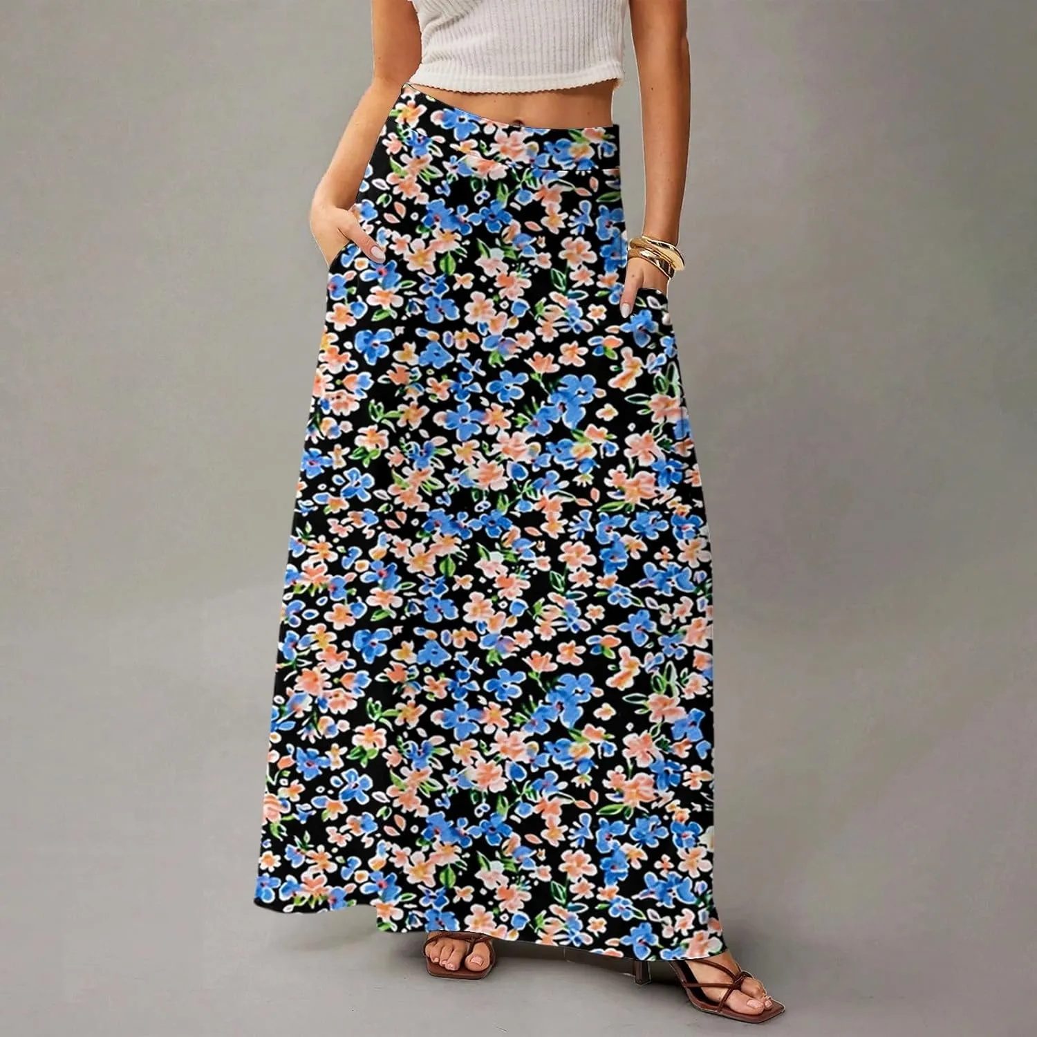 Midi Skirts for Women Summer High Waisted Pleated A-Line Swing Floral Long with Pockets