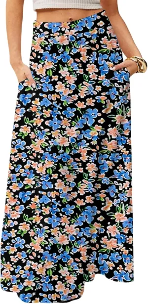 Midi Skirts for Women Summer High Waisted Pleated A-Line Swing Floral Long with Pockets