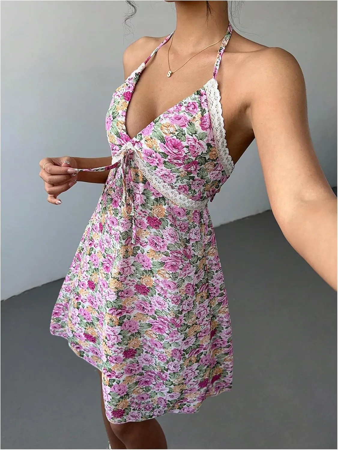 Milumia Women's Floral Halter Ruffle Mini Dress Lace Trim Tie Backless Boho Summer Short Dresses