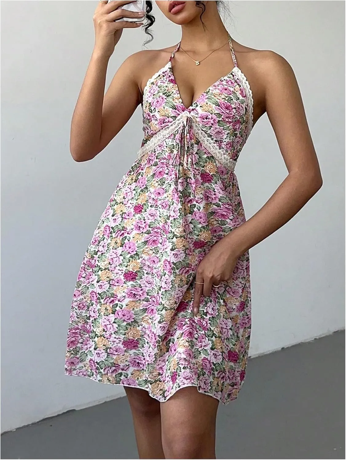 Milumia Women's Floral Halter Ruffle Mini Dress Lace Trim Tie Backless Boho Summer Short Dresses