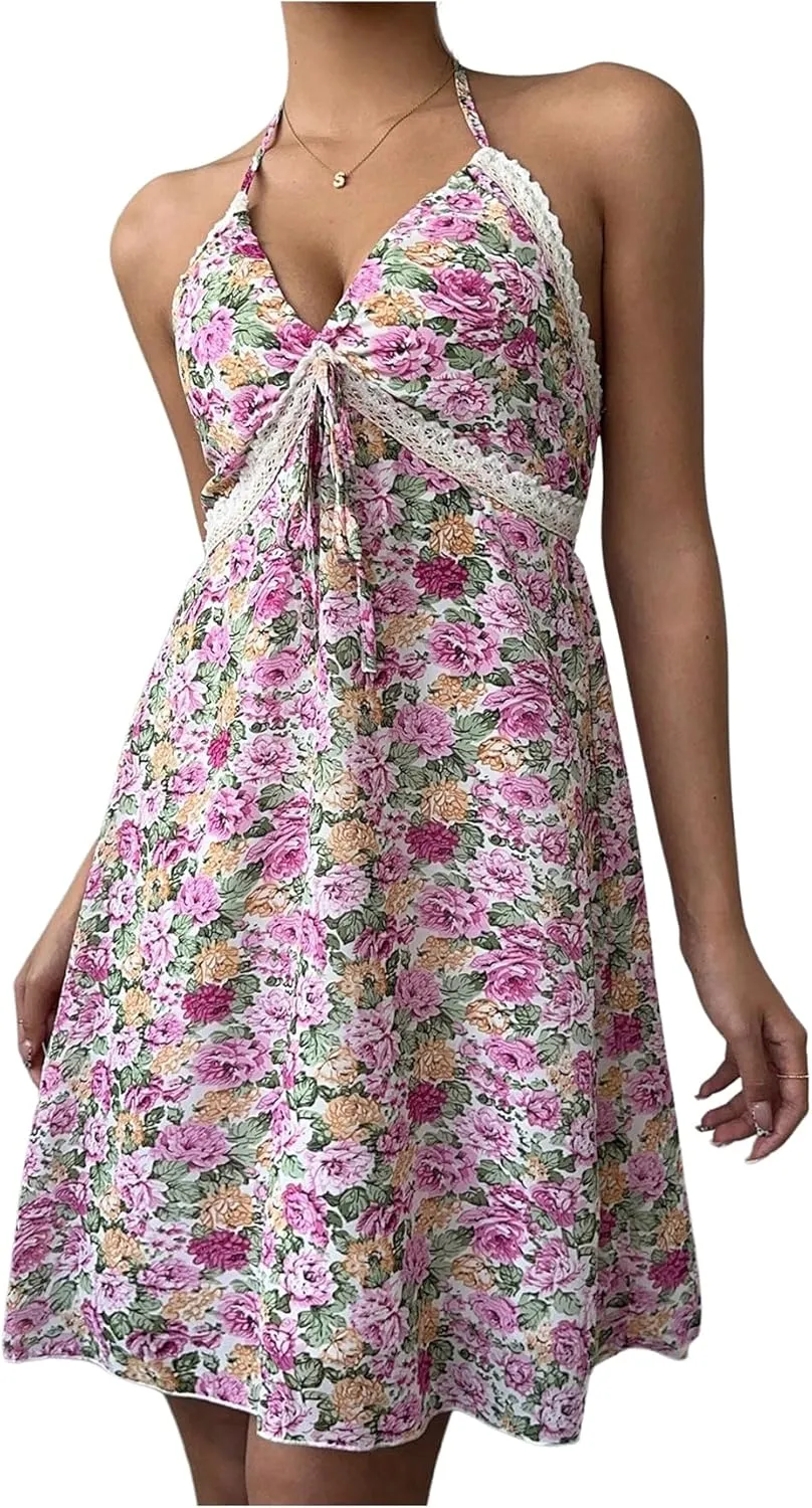 Milumia Women's Floral Halter Ruffle Mini Dress Lace Trim Tie Backless Boho Summer Short Dresses