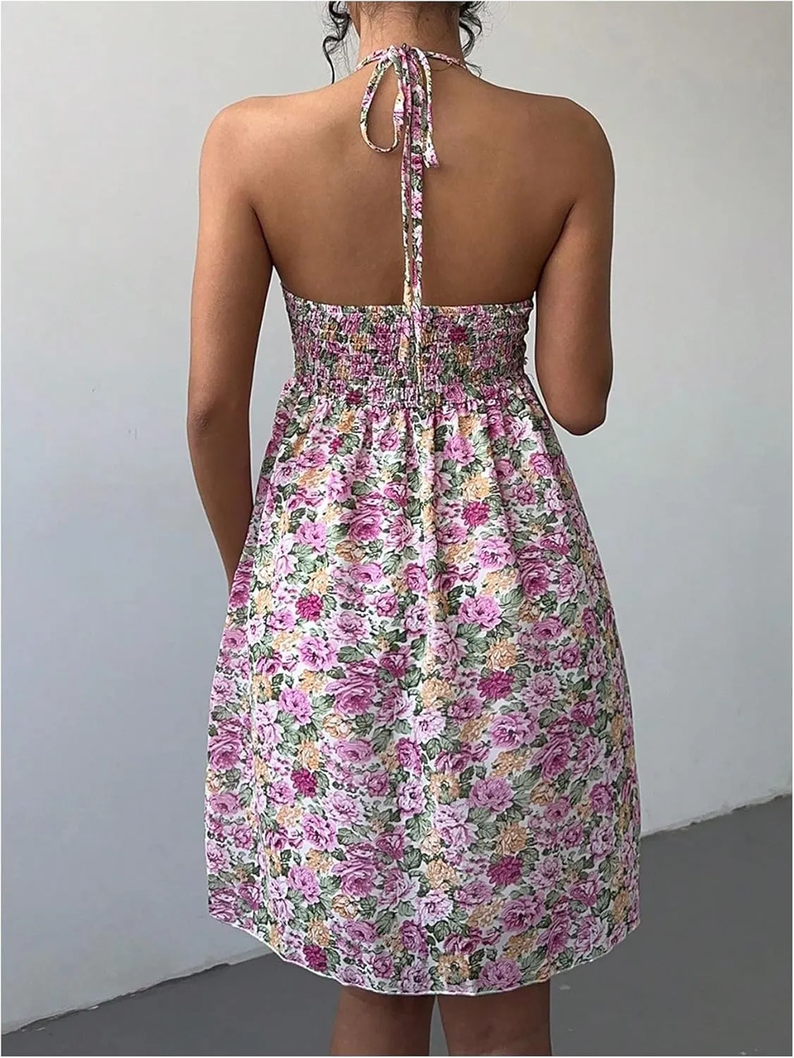 Milumia Women's Floral Halter Ruffle Mini Dress Lace Trim Tie Backless Boho Summer Short Dresses