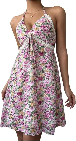 Milumia Women's Floral Halter Ruffle Mini Dress Lace Trim Tie Backless Boho Summer Short Dresses