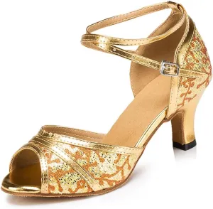 Misu Women's Peep Toe Sandals Latin Salsa Tango Practice Ballroom Dance Shoes with 2.3" Heel,Gold Glitter,8 B(M) US
