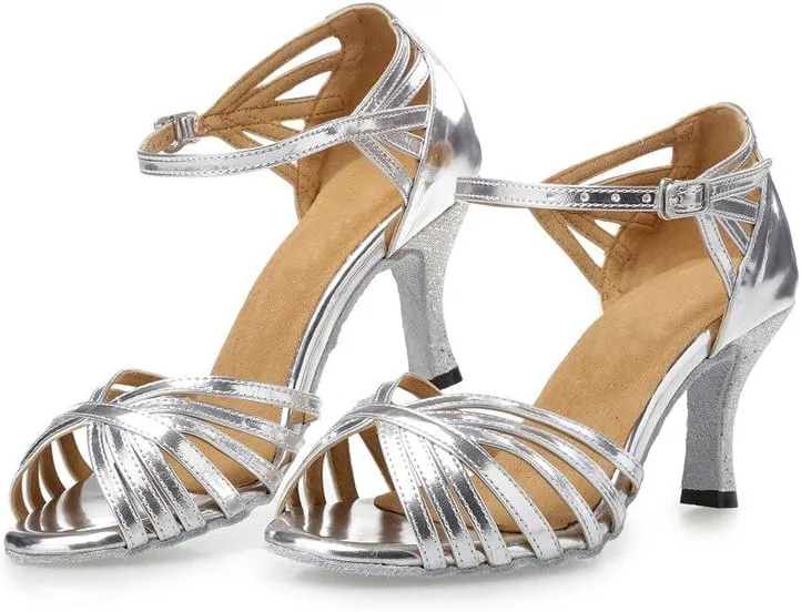Misu Women's Peep Toe Sandals Latin Salsa Tango Practice Ballroom Dance Shoes with 2.75" Heel,Silver Patent Leather,6.5 B(M) US