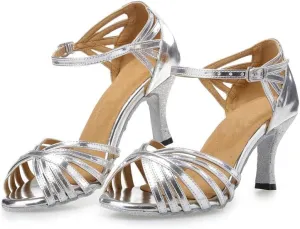 Misu Women's Peep Toe Sandals Latin Salsa Tango Practice Ballroom Dance Shoes with 2.75" Heel,Silver Patent Leather,6.5 B(M) US