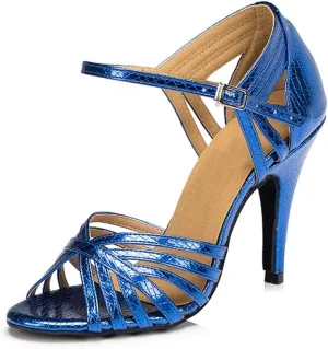 Misu Women's Peep Toe Sandals Latin Salsa Tango Practice Ballroom Dance Shoes with 3.3" Heel,Blue PU,8.5 B(M) US