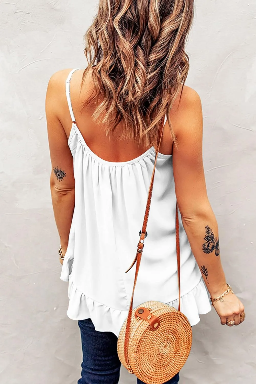 Mmoneyake Womens Camisole Ruffle Hem Spaghetti Strap Tank Top Casual Flowy Pleated Loose Shirts Scoop Neck Sleeveless Blouse