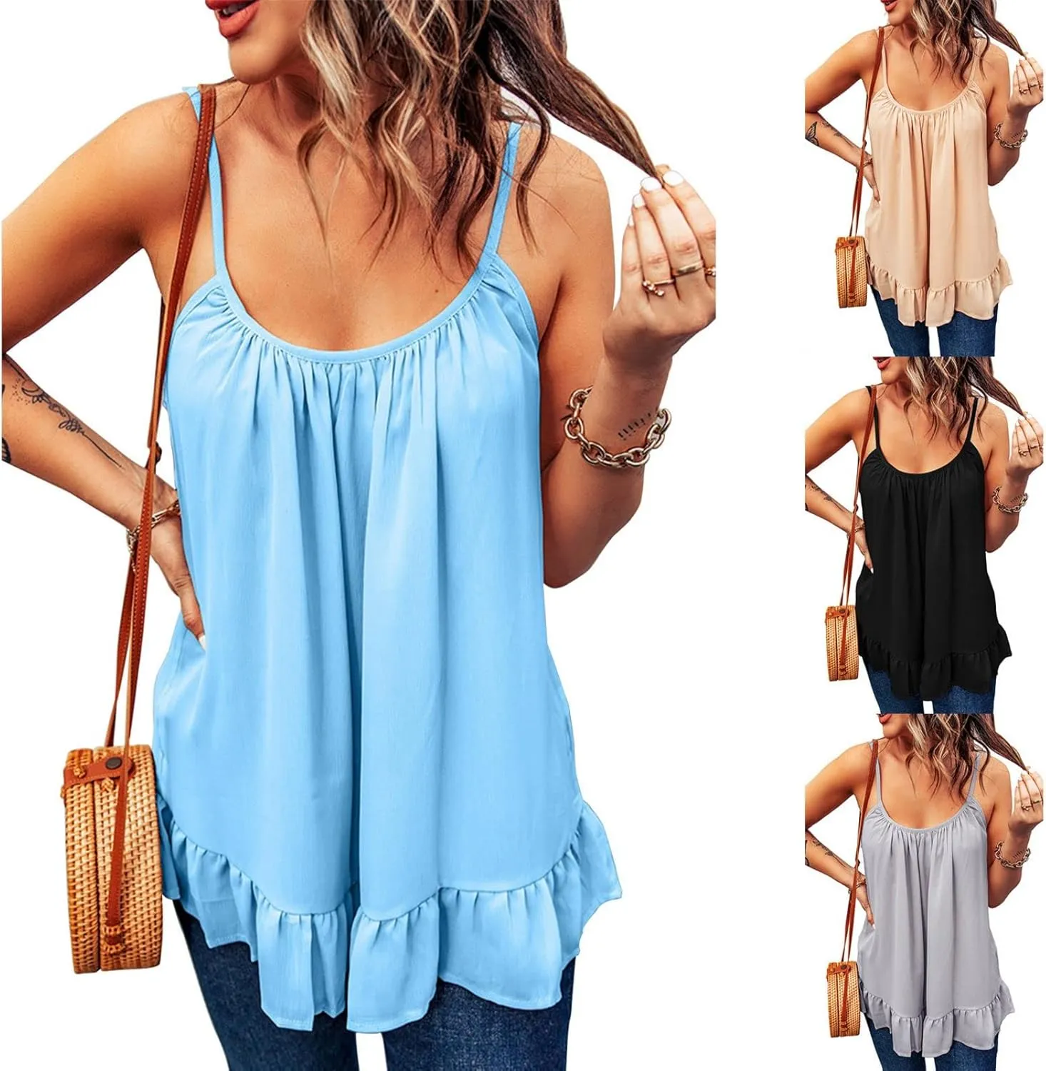 Mmoneyake Womens Camisole Ruffle Hem Spaghetti Strap Tank Top Casual Flowy Pleated Loose Shirts Scoop Neck Sleeveless Blouse