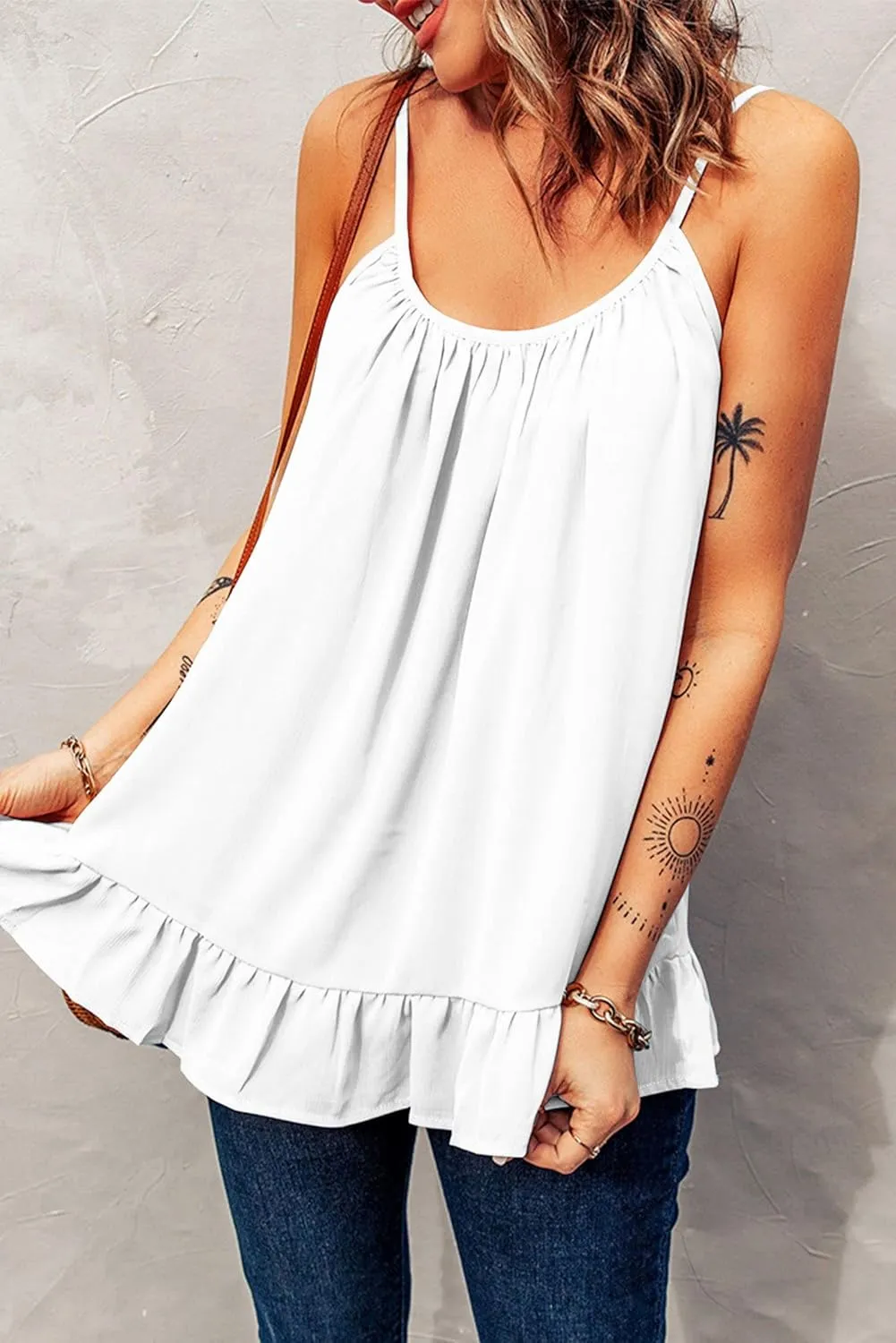 Mmoneyake Womens Camisole Ruffle Hem Spaghetti Strap Tank Top Casual Flowy Pleated Loose Shirts Scoop Neck Sleeveless Blouse