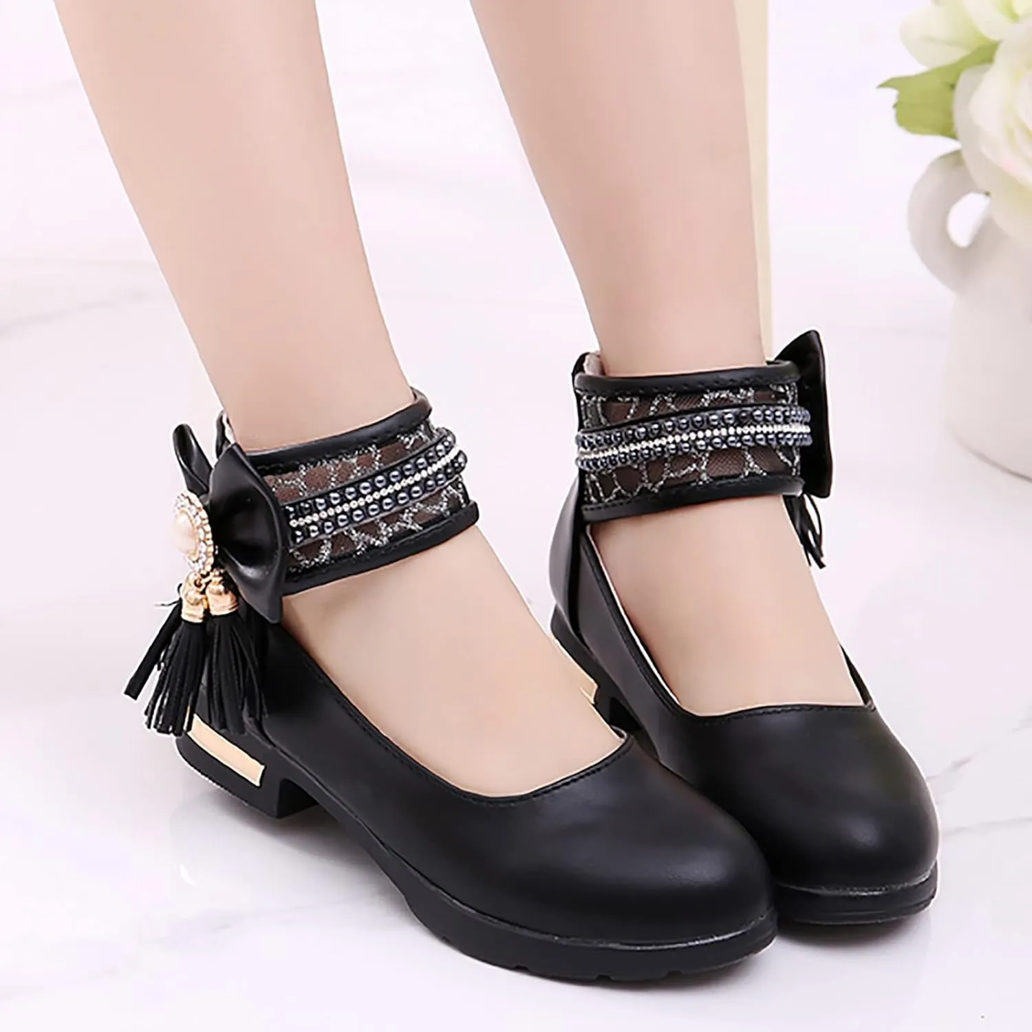 Models Sweet Girls Princess Leather Shoes with Jewelry Tassel Girls Dress Shoes Party School (Black, 5.5-6 Years)
