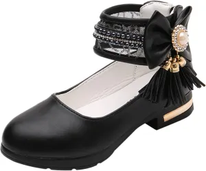 Models Sweet Girls Princess Leather Shoes with Jewelry Tassel Girls Dress Shoes Party School (Black, 5.5-6 Years)