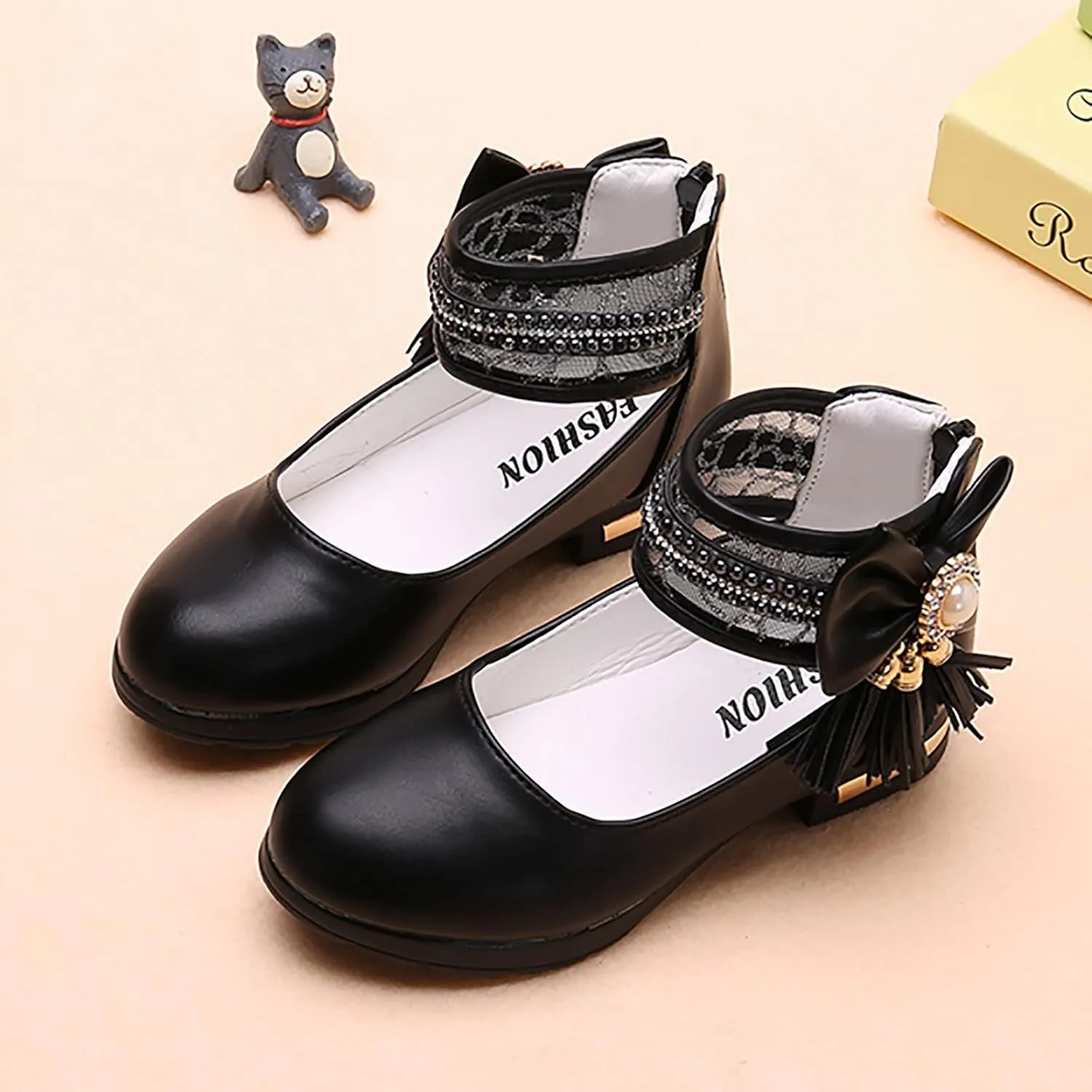Models Sweet Girls Princess Leather Shoes with Jewelry Tassel Girls Dress Shoes Party School (Black, 5.5-6 Years)